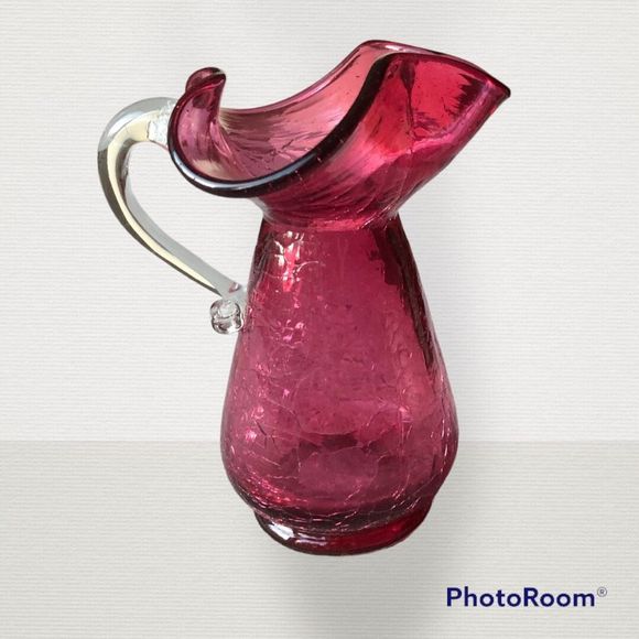 No Brand Art Vintage Hand Blown Cranberry Crackle Glass Pitcher